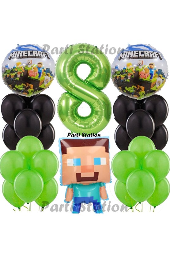 Yeşil Rakam Balonlu Minecraft Konsept Doğum Günü 8 Yaş Balon Set Minecraft Yeşil Siyah Balon Set