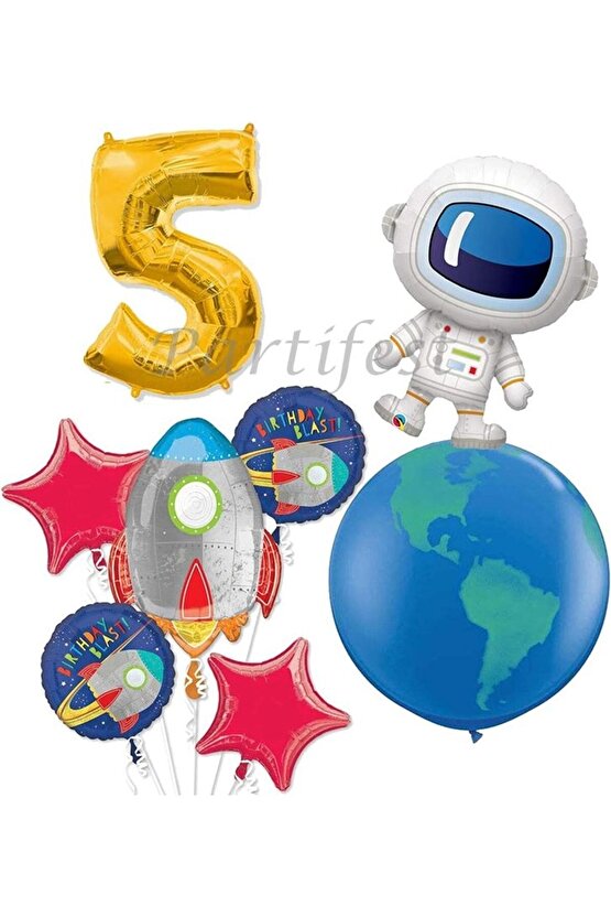 Uzay Kozmik Galaksi Astronot Roket 5 Yaş Balon Set Yıldız Balon Folyo Set Konsept Doğum Günü Set
