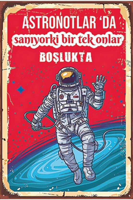 Astronot Uzayda Retro Ahşap Poster