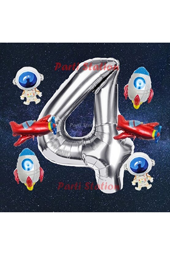 Gümüş Renk Rakam Balon Uzay Konsept 4 Yaş Doğum Günü Balon Set Galaksi Astronot Space Roket Balon
