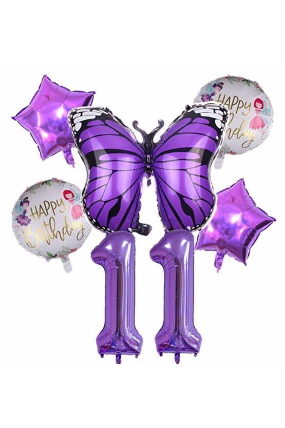 Mor Kelebek Mor Renk 11 Yaş Rakam Balon Set Doğum Günü Parti Mor Renk Helyum Balon Mor Rakam Balon