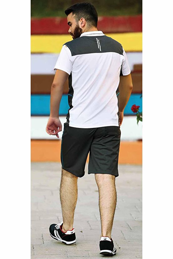9663-erkek (BEYAZ)füme Bol Kesim Kısa Kol Polo Yaka T-shirt, Alt Üst Şort Takım