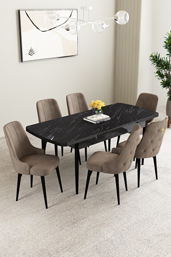 Mabel Siyah Mermer Desen 80x132 Mdf Açılabilir Mutfak Masası Takımı 6 Adet Sandalye