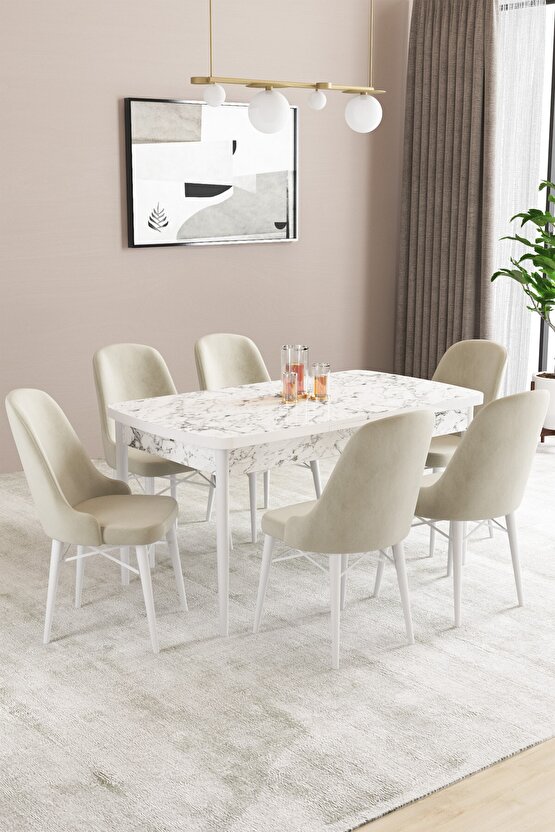 Ella Beyaz Mermer Desen 80x132 Mdf Açılabilir Mutfak Masası Takımı 6 Adet Sandalye