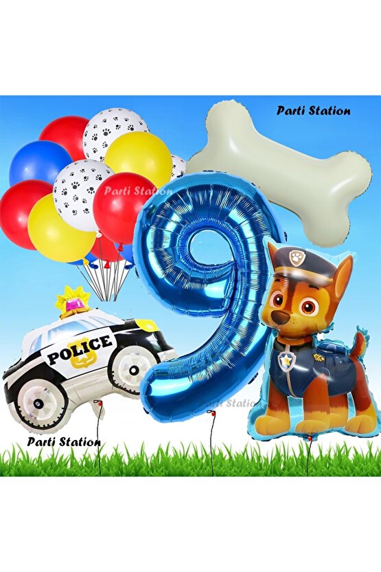 Paw Patrol Chase Polis Köpek Konsept 9 Yaş Doğum Günü Parti Balon Set Paw Patrol Kemik Balon Set
