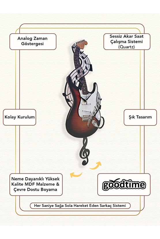 Elektro Gitar Dekoratif Sarkaçlı Duvar Saati