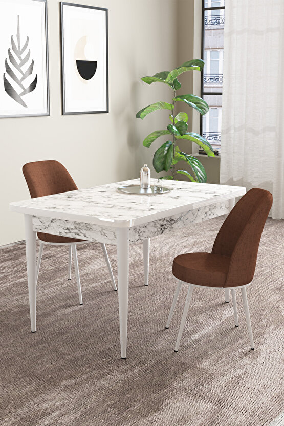 Emila Beyaz Mermer Desen 70x110 Sabit Mutfak Masası 2 Adet Sandalye