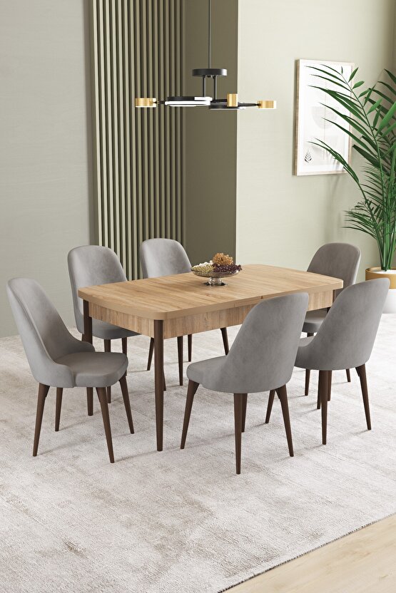 Ikon Meşe Desen 80x132 Mdf Açılabilir Mutfak Masası Takımı 6 Adet Sandalye