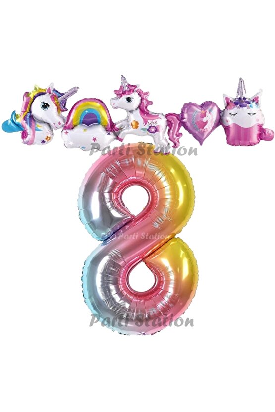 Renkli Gökkuşağı Renk Rakam Balonlu Unicorn 8 Yaş Doğum Günü Parti Balon Set Unicorn Tema Parti Seti
