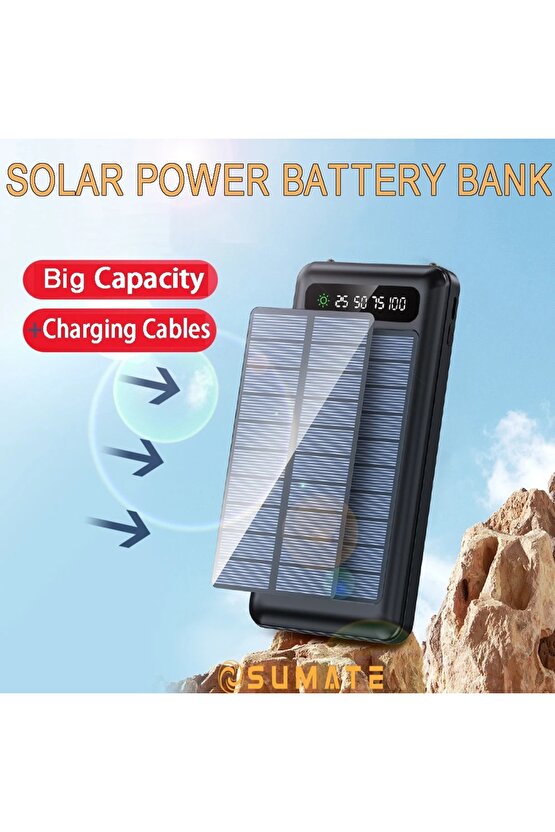 20000 mah solar powerbank güneş enerjili usb çıkışlı kablolu led ışıklı taşınabilir şarj