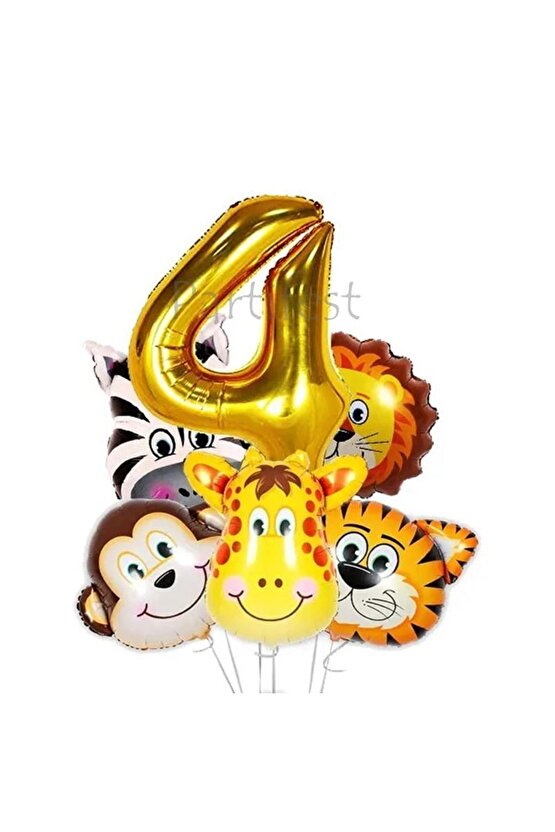 Safari Hayvanlar 4 Yaş Balon Set Safari Büyük Kafa Balon Folyo Balon Set Konsept Doğum Günü Set