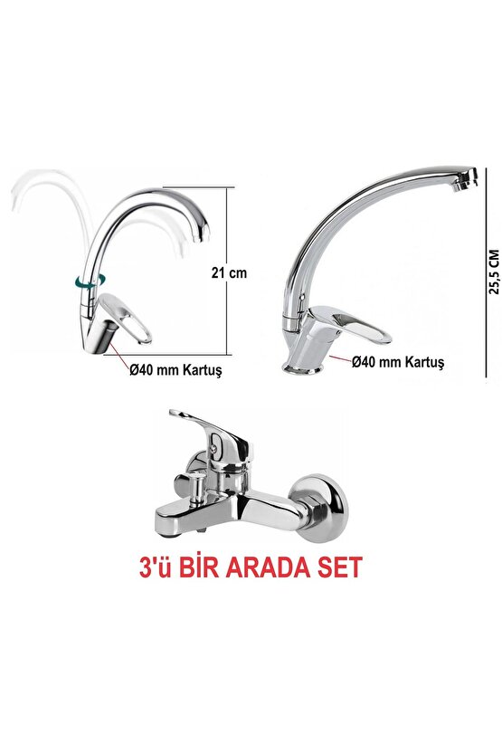 3 Adet Krom Batarya Seti Lavabo Bataryası, Banyo Bataryası, Mutfak Bataryası