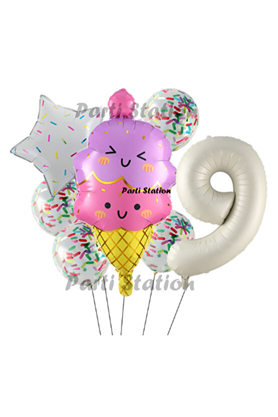 Dondurma İce Cream Konsept Doğum Günü 9 Yaş Balon Set Yaz Tema Sevimli Dondurma Folyo Balon Set