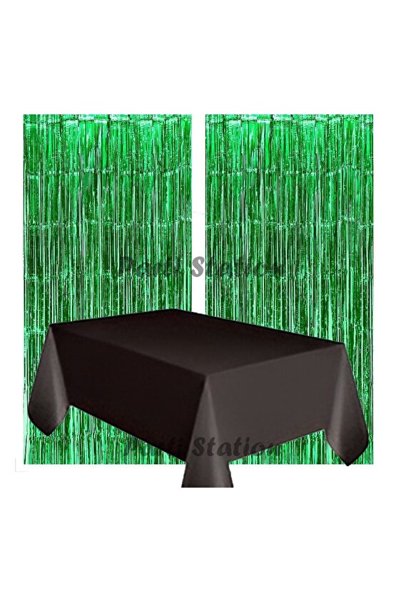 2 Adet Yeşil Renk Metalize Arka Fon Perdesi ve 1 Adet Plastik Siyah Renk Masa Örtüsü Set