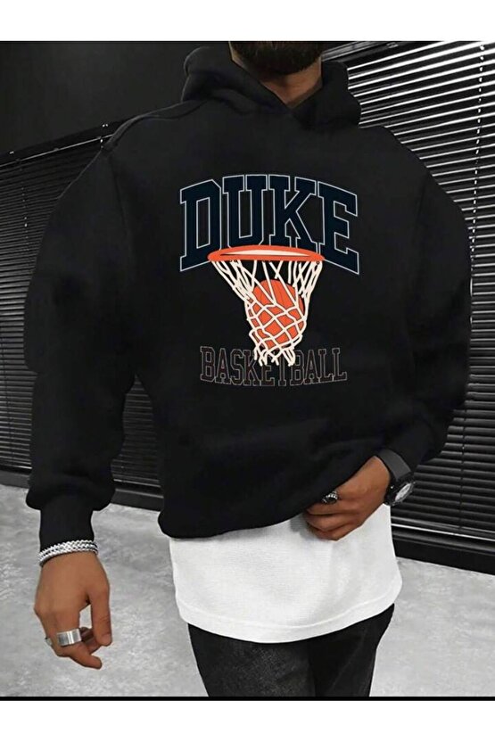 Erkek Oversize Duke Basketball Baskılı Siyah Sweatshirt