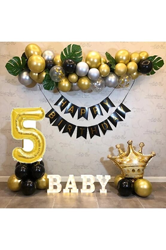 Kral Taçlı Balon Seti 5 Yaş Happy Birthday Zincir Balon Doğum Günü Seti