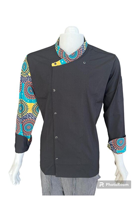 Siyah Renk Geometrik Desenli Aşçı Ceket Chef Master Ceketi Mutfak kıyafeti Mutfak Uzun kollu Ceketi