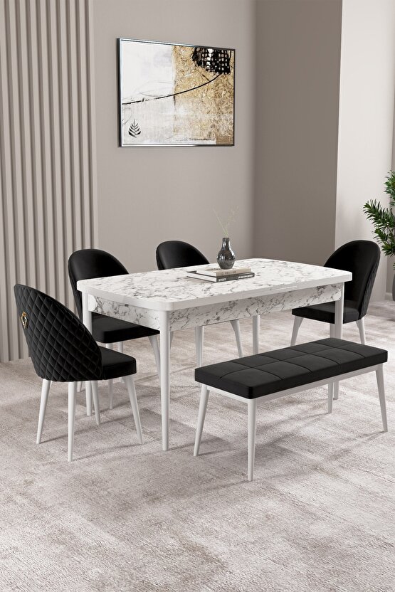 Milas Beyaz Mermer Desen 80x132 Mdf Açılabilir Mutfak Masası Takımı 4 Sandalye, 1 Bench