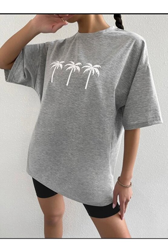 Oversize Unisex Gri Palmiye Tshirt