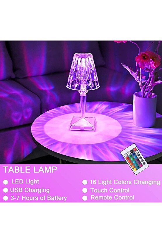 CRYSTAL TABLE LAMP ŞARJLI RGB LED IŞIKLI ABAJUR GECE LAMBASI UZAKTAN KUMANDALI DOKUNMATİK TUŞLU