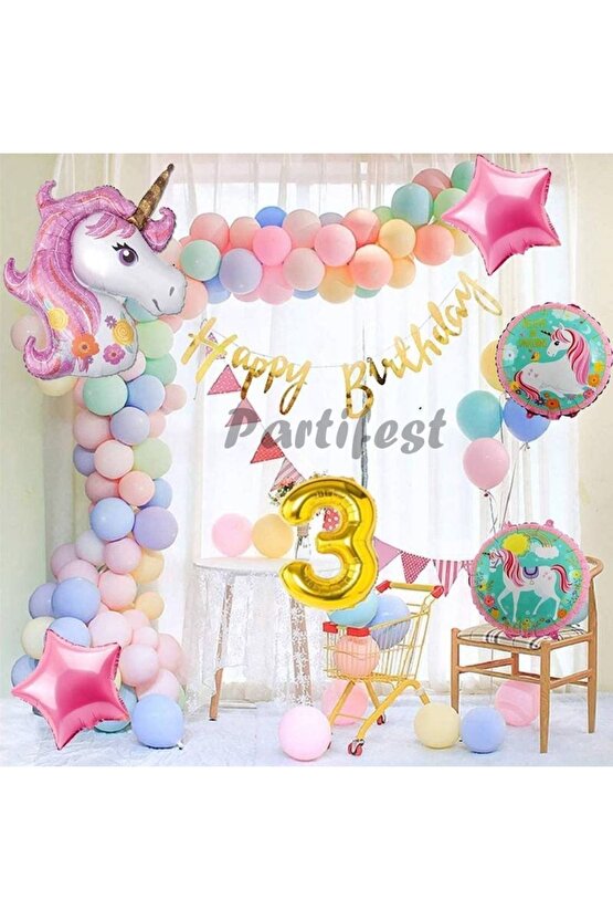 Unicorn Konsept 3 Yaş Balon Doğum Günü Set Tek Boynuzlu At Unicorn Yaş Balon Set