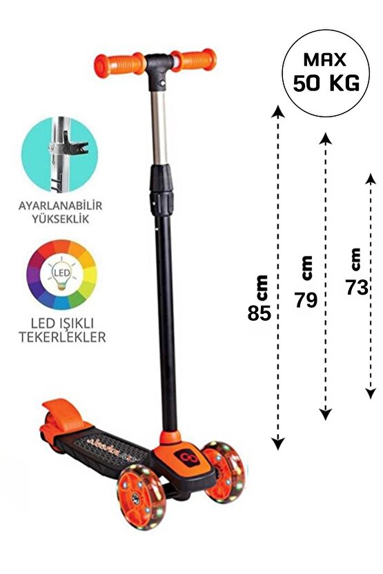 Led Işıklı 3 Tekerlekli Cool Wheels Yükseklik Ayarlı Turuncu Çocuk Scooter