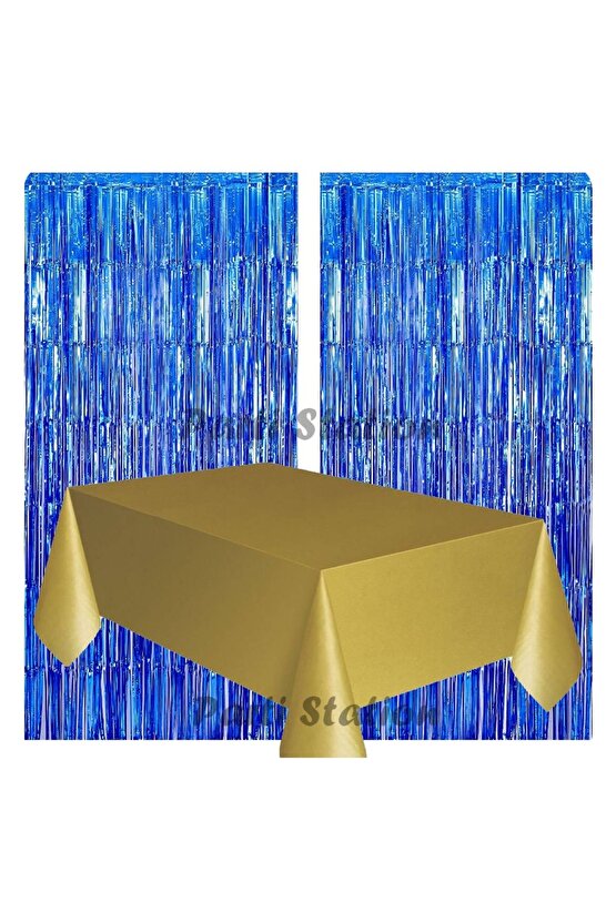 2 Adet Lacivert Renk Metalize Arka Fon Perdesi ve 1 Adet Plastik Altın Gold Renk Masa Örtüsü Set