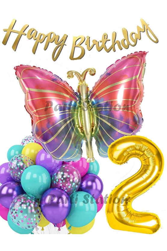 Rengarenk Kelebek 2 Yaş Balon Set Colorfull Butterfly Gökkuşağı Konsept Parti Doğum Günü Balon Seti