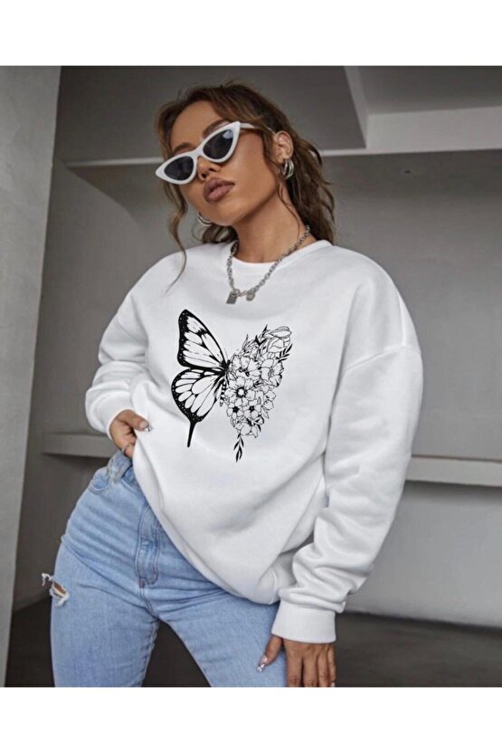 Kadın Oversize Çicekli Kelebek Beyaz Sweatshirt