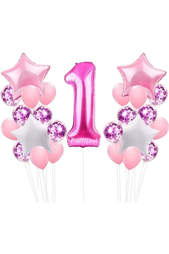 1 Yaş Pembe Balon Set Kız Çocuk Pembe Konsept Helyum Balon Set Pembe Renk Doğum Günü Set
