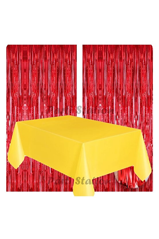 2 Adet Kırmızı Renk Metalize Arka Fon Perdesi ve 1 Adet Plastik Sarı Renk Masa Örtüsü Set