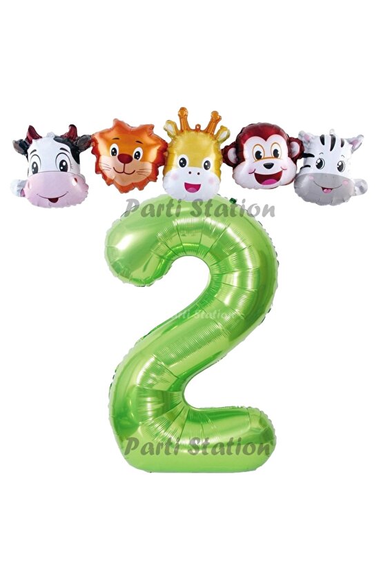 Yeşil Renk Rakam Balonlu Safari 2 Yaş Doğum Günü Parti Balon Set Safari Hayvanlar Tema Parti