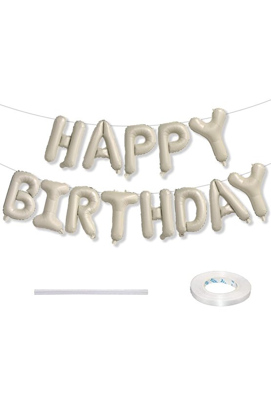 Krem Renk Happy Birthday Folyo Balon Set 36 cm 1 Adet Doğum Günü Parti Balon Set