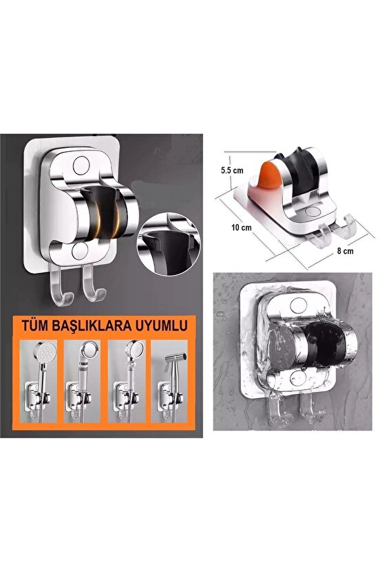 Dolce Monta Krom Yapışkanlı Duş Başlığı Askısı, 2 Adet Lif Askısı Kancalı, Vidasız Montaj