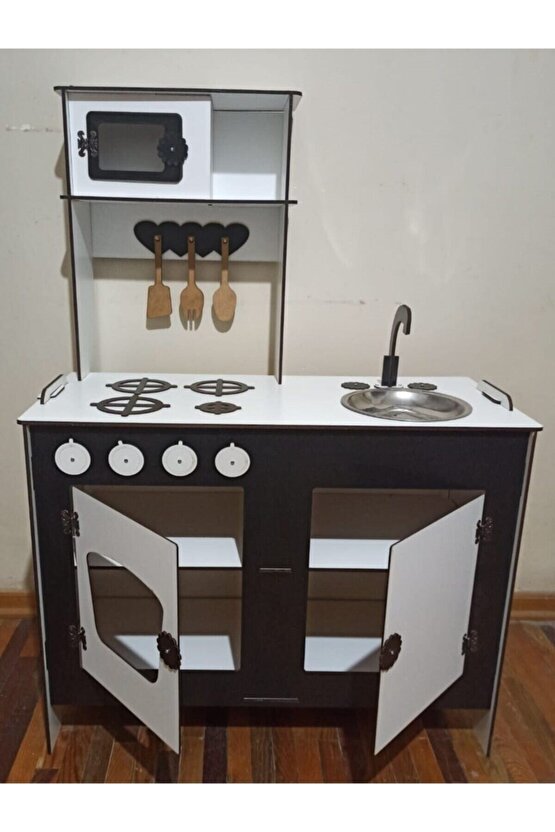 Büyük Boy Ahşap Montessori Boyalı Mutfak Siyah-beyaz 6 Mm 101x79