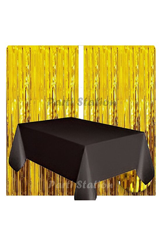 2 Adet Altın Gold Renk Metalize Arka Fon Perdesi ve 1 Adet Plastik Siyah Renk Masa Örtüsü Set