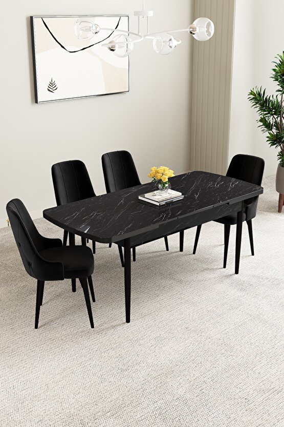 Mabel Siyah Mermer Desen 80x132 Açılabilir Mutfak Masası Takımı 4 Adet Sandalye