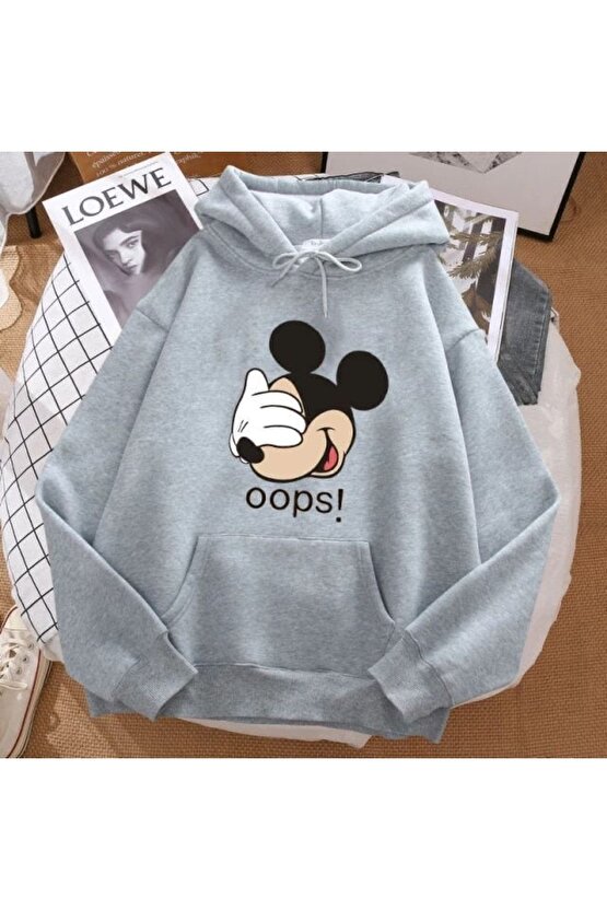 Kapşonlu Oversize Gri Mickey Baskılı Sweatshirt