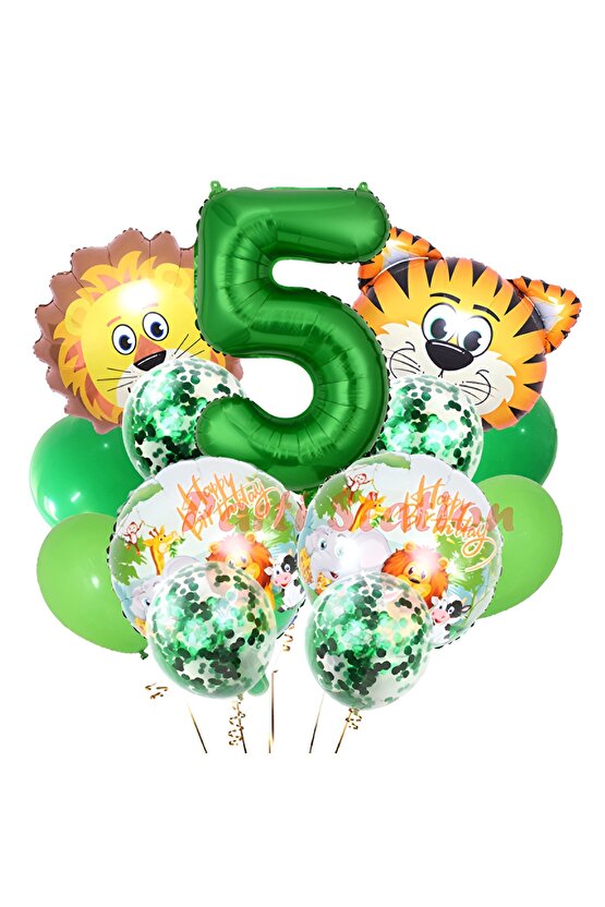 Safari Konsept Balon Seti 5 Yaş Safari Jungle Parti Doğum Günü Balon Karşılama Set Yeşil Rakam Balon