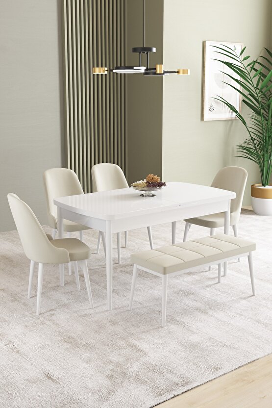 Ikon Beyaz 80x132 Mdf Açılabilir Mutfak Masası Takımı 4 Sandalye, 1 Bench