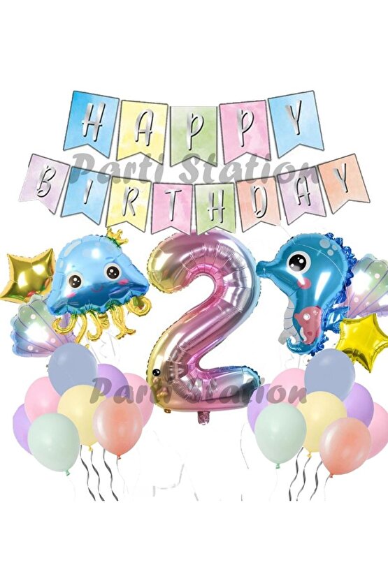 Okyanus Hayvanları Deniz Canlıları 2 Yaş Balon Set Deniz Anası Deniz Atı Happy Birthday Balon Set