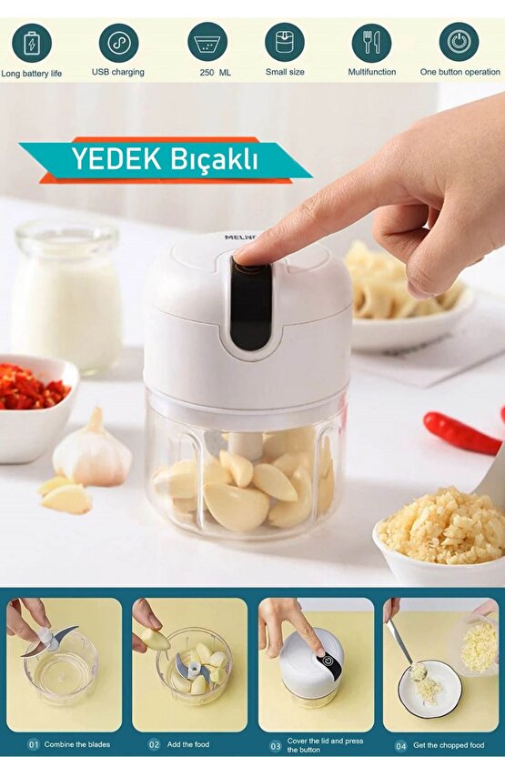 Şarjlı Mini Doğrayıcı Üç Bıçaklı Blender Rondo Taşınabilir Tek El Kullanım (YEDEK BIÇAK HEDİYELİ)