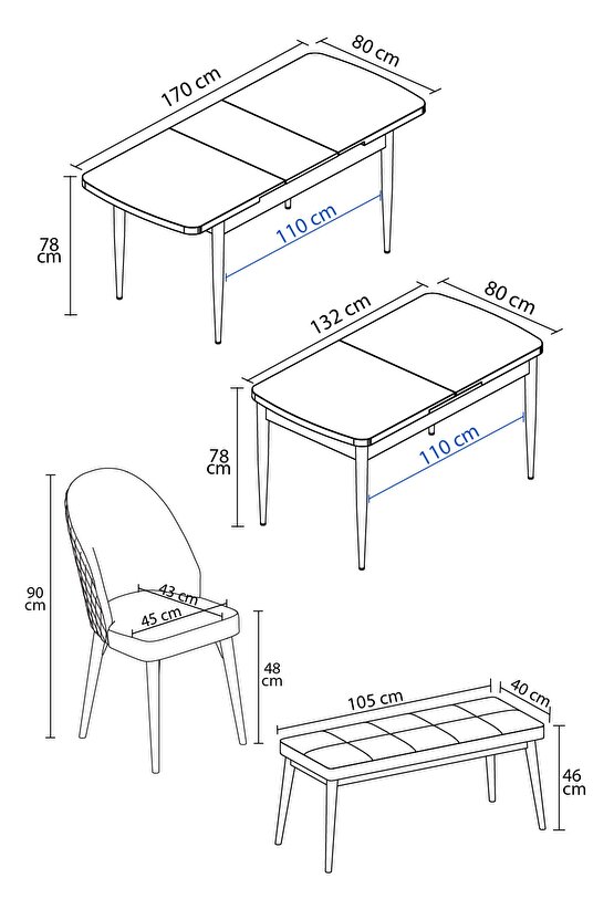 Milas Beyaz Mermer Desen 80x132 Mdf Açılabilir Yemek Masası Takımı 4 Sandalye, 1 Bench
