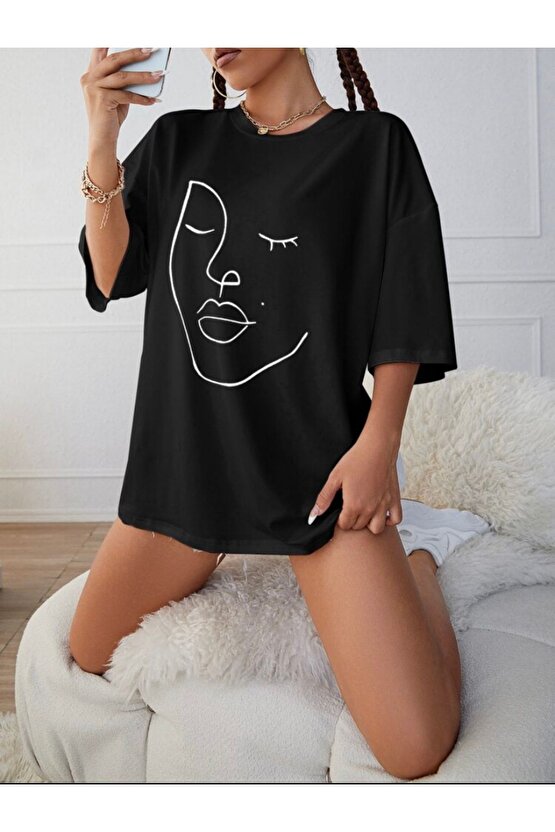 Oversize Kadın Siyah Baskılı Tshirt