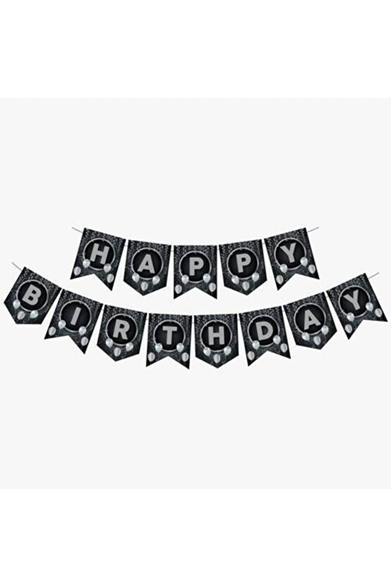 Happy Bırthday Siyah Üzeri Gümüş Baskılı Balonlu Zigzag Banner Yazı