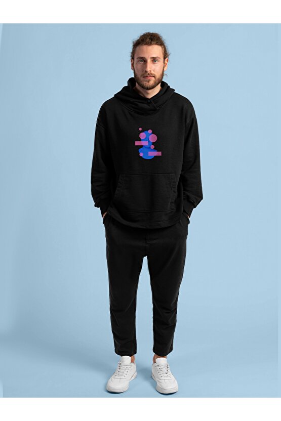 Bubble Heykel Baskılı Tasarım 2 Iplik Şardonlu Siyah Hoodie Sweatshirt