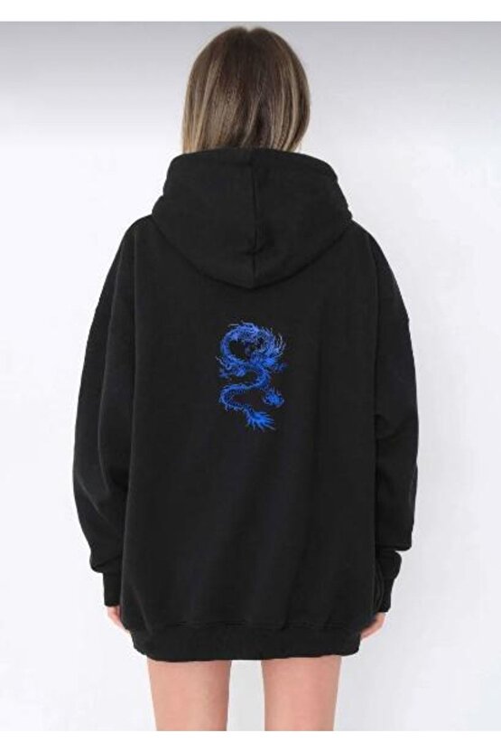 Kapşonlu Oversize Mavi Dragon Baskılı Siyah Sweatshirt