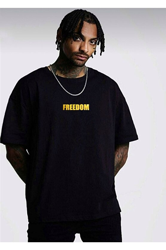 Unisex Oversize Turuncu Freedom Baskı Siyah Tshirt