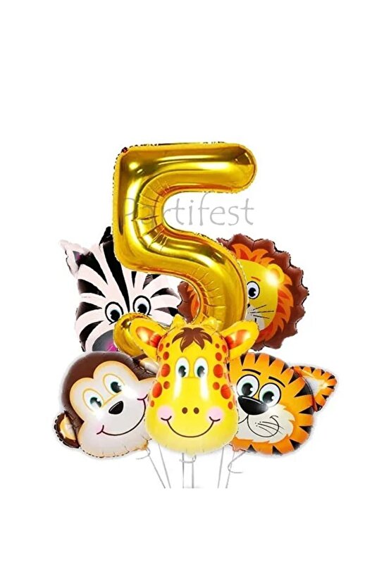 Safari Hayvanlar 5 Yaş Balon Set Safari Büyük Kafa Balon Folyo Balon Set Konsept Doğum Günü Set