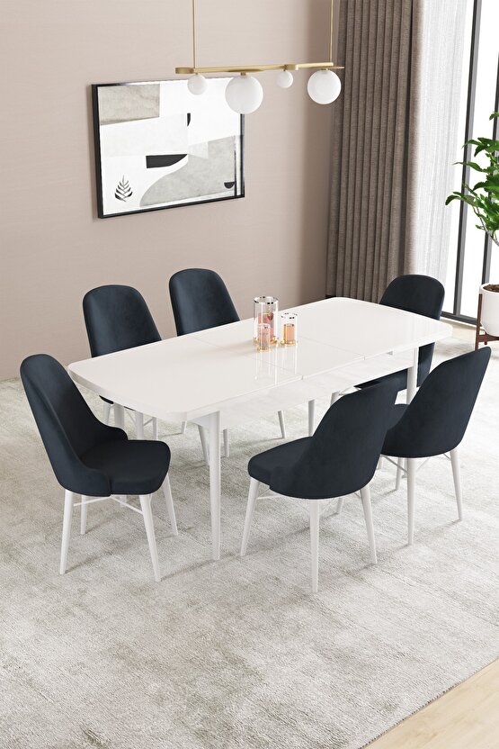 Ella Beyaz 80x132 Mdf Açılabilir Mutfak Masası Takımı 6 Adet Sandalye